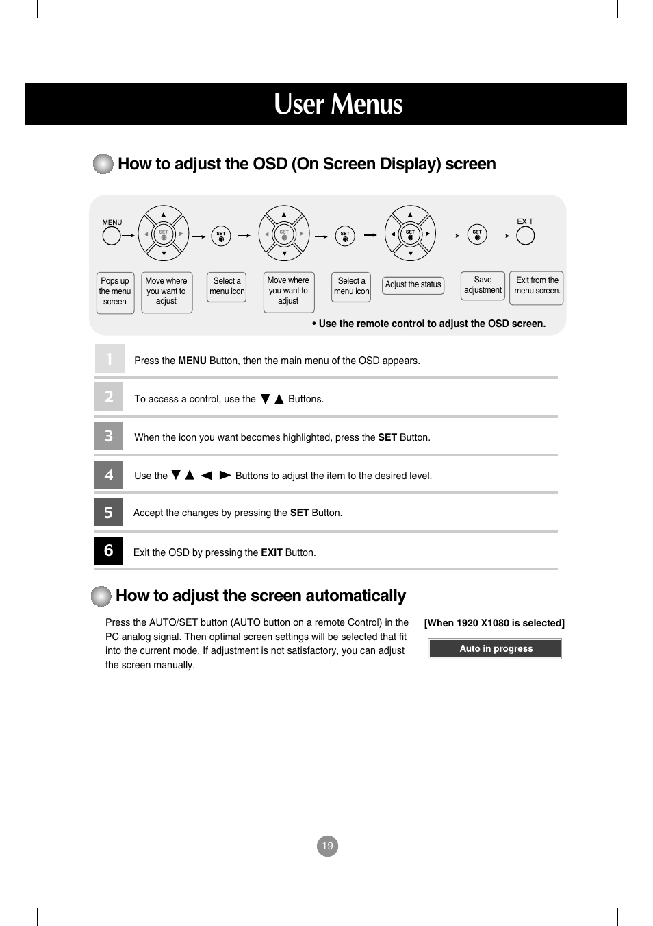 How to adjust the osd (on screen display) screen, How to adjust the screen automatically, User menus | LG M4714C-BAG User Manual | Page 20 / 66