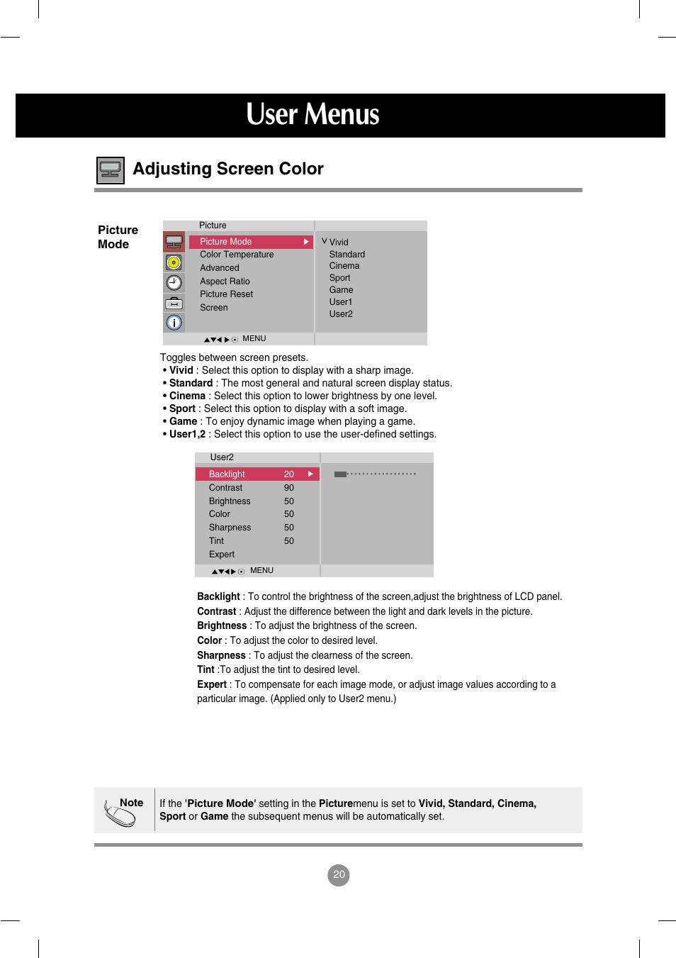 Adjusting screen color, User menus | LG M4714C-BAG User Manual | Page 21 / 66