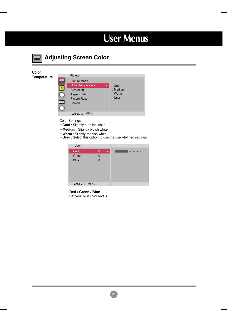 User menus, Adjusting screen color | LG M4714C-BAG User Manual | Page 22 / 66