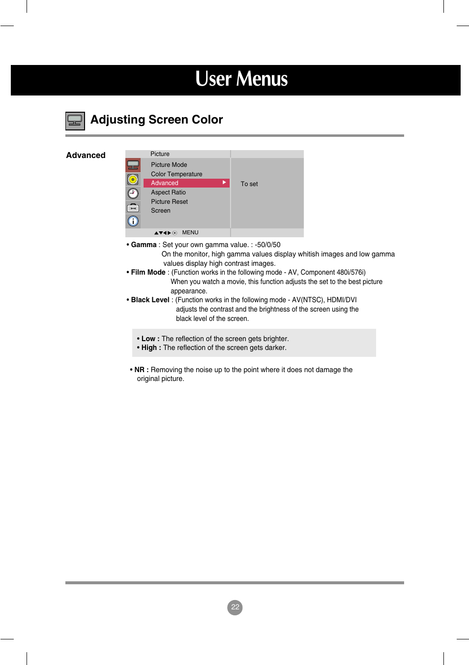 User menus, Adjusting screen color | LG M4714C-BAG User Manual | Page 23 / 66
