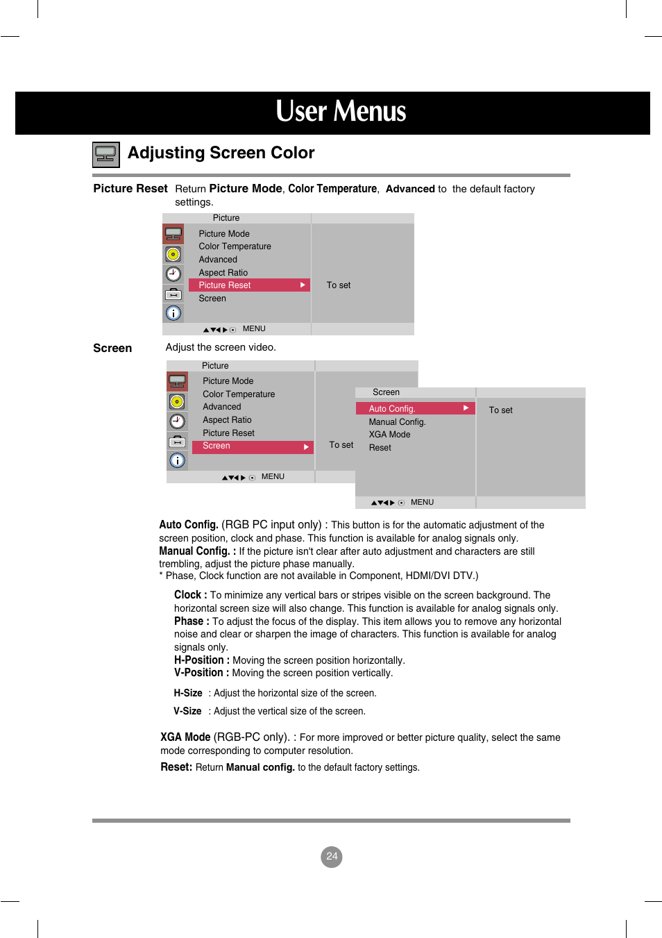 User menus, Adjusting screen color | LG M4714C-BAG User Manual | Page 25 / 66