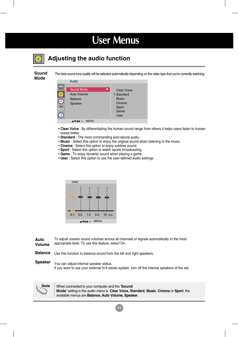 Adjusting the audio function, User menus | LG M4714C-BAG User Manual | Page 26 / 66