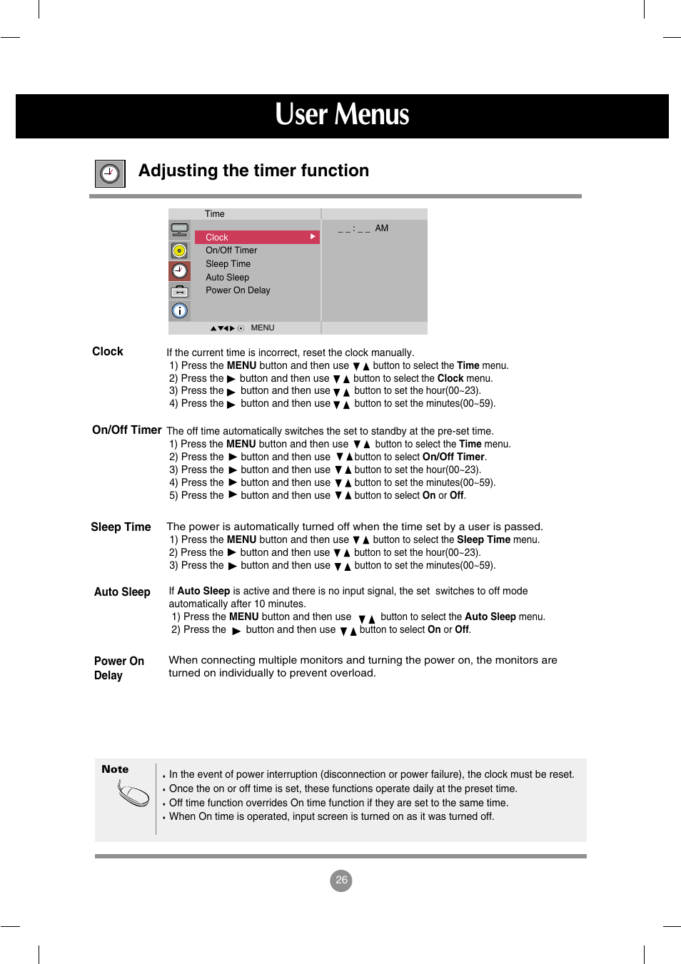 Adjusting the timer function, User menus | LG M4714C-BAG User Manual | Page 27 / 66