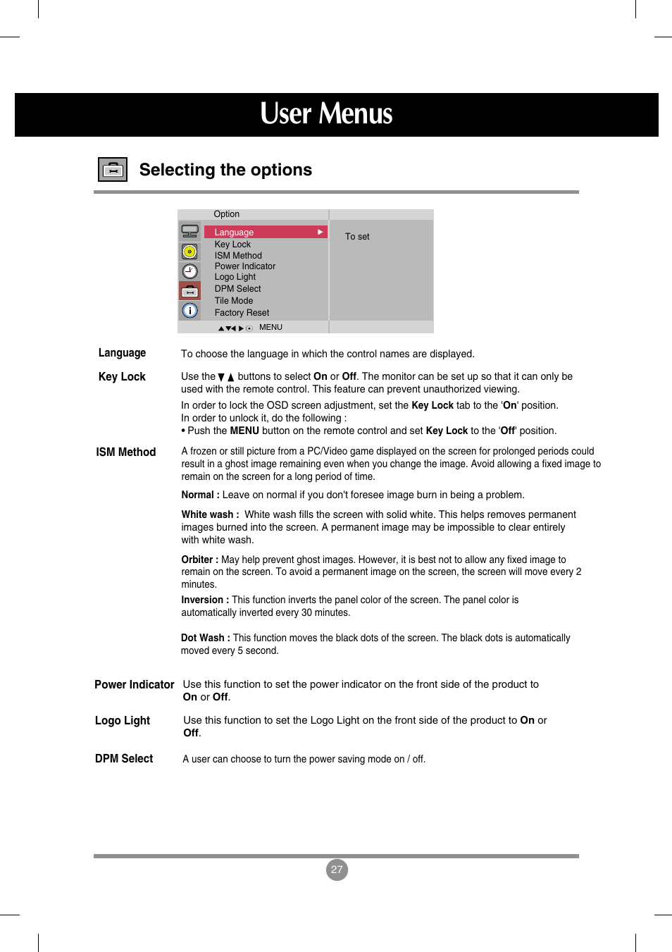 Selecting the options, User menus | LG M4714C-BAG User Manual | Page 28 / 66
