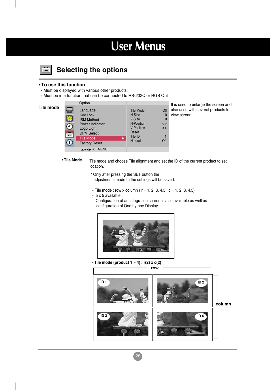 User menus, Selecting the options | LG M4714C-BAG User Manual | Page 29 / 66
