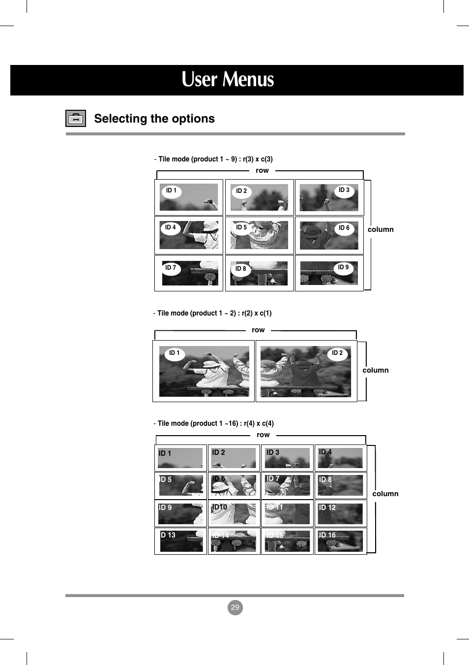 User menus, Selecting the options | LG M4714C-BAG User Manual | Page 30 / 66