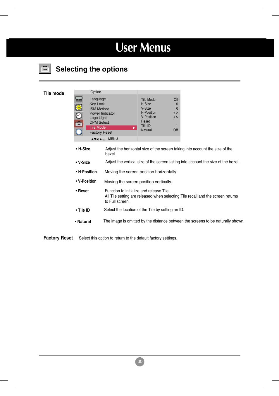 User menus, Selecting the options | LG M4714C-BAG User Manual | Page 31 / 66