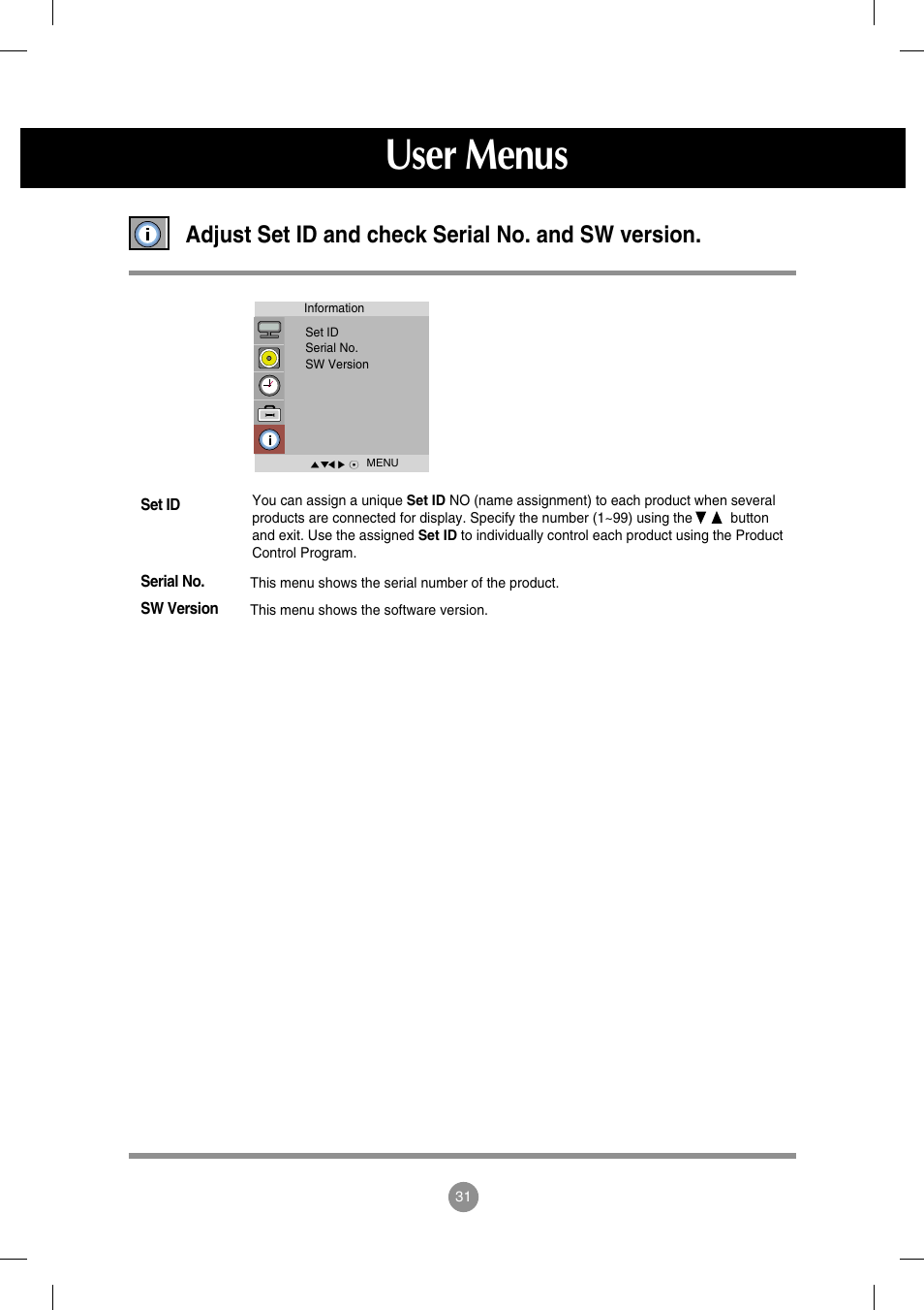 Adjust set id and check serial no. and sw version, User menus | LG M4714C-BAG User Manual | Page 32 / 66
