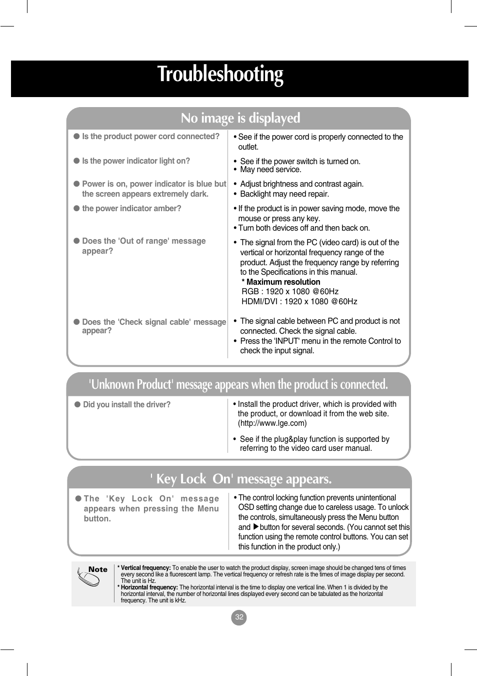 Troubleshooting, No image is displayed, Key lock on' message appears | LG M4714C-BAG User Manual | Page 33 / 66