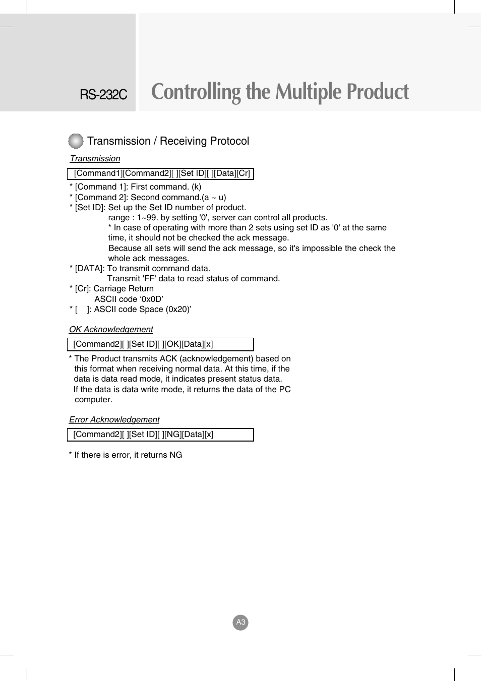 Controlling the multiple product, Rs-232c, Transmission / receiving protocol | LG M4714C-BAG User Manual | Page 41 / 66