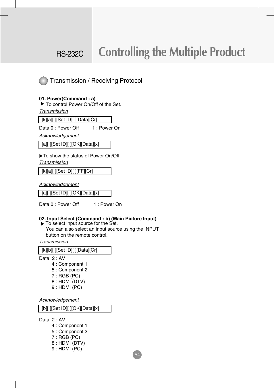 Controlling the multiple product, Rs-232c, Transmission / receiving protocol | LG M4714C-BAG User Manual | Page 42 / 66