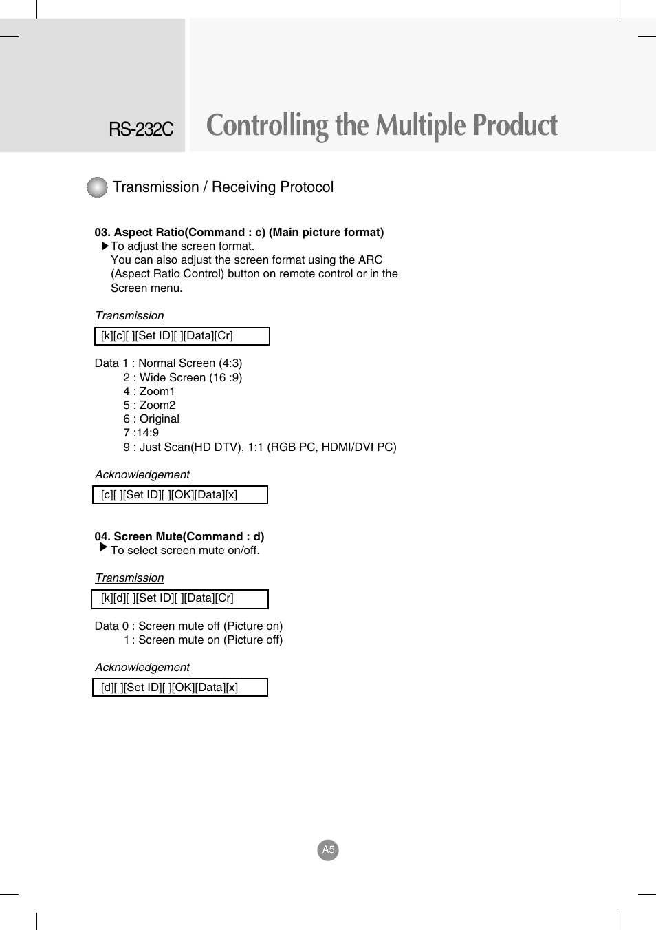 Controlling the multiple product, Rs-232c, Transmission / receiving protocol | LG M4714C-BAG User Manual | Page 43 / 66