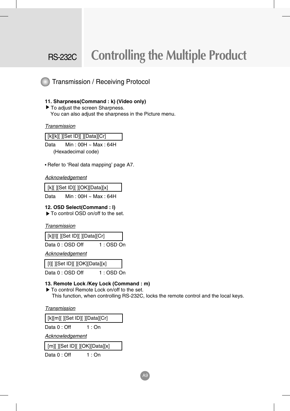 Controlling the multiple product, Rs-232c, Transmission / receiving protocol | LG M4714C-BAG User Manual | Page 47 / 66