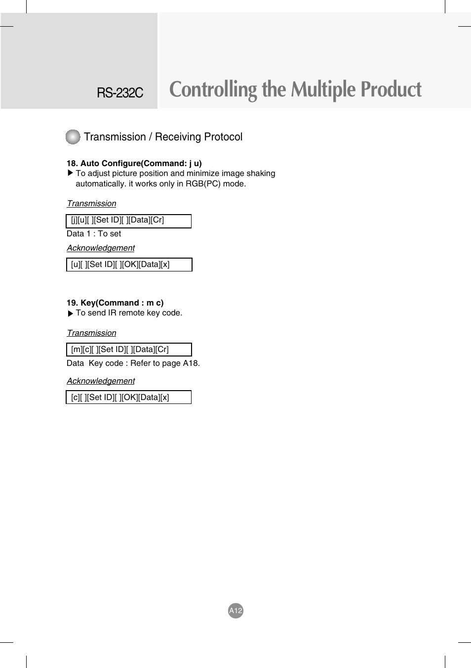 Controlling the multiple product, Rs-232c, Transmission / receiving protocol | LG M4714C-BAG User Manual | Page 50 / 66
