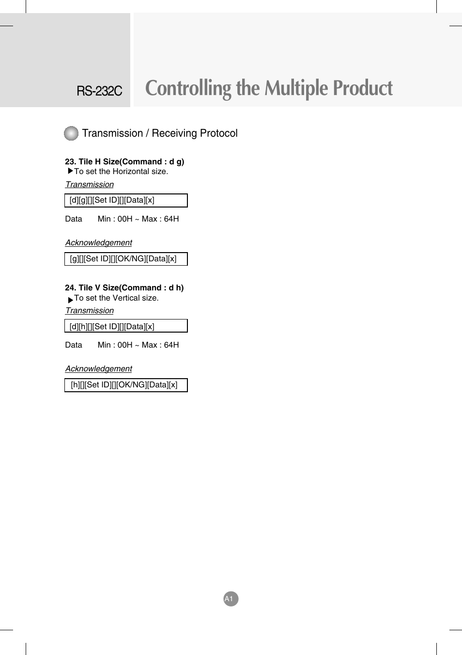 Controlling the multiple product, Rs-232c, Transmission / receiving protocol | LG M4714C-BAG User Manual | Page 53 / 66