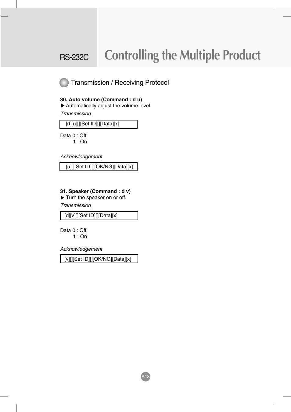 Controlling the multiple product, Rs-232c, Transmission / receiving protocol | LG M4714C-BAG User Manual | Page 56 / 66
