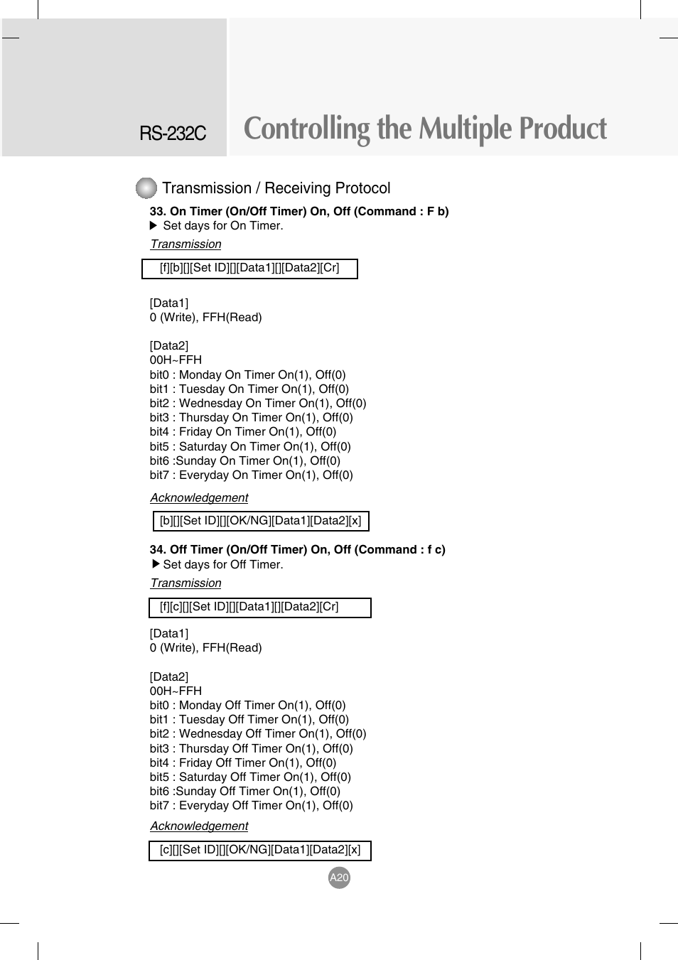 Controlling the multiple product, Rs-232c, Transmission / receiving protocol | LG M4714C-BAG User Manual | Page 58 / 66