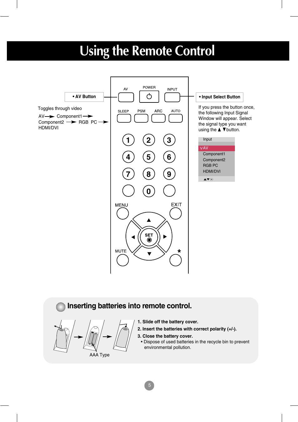 Inserting batteries into remote control, Using the remote control | LG M4714C-BAG User Manual | Page 6 / 66