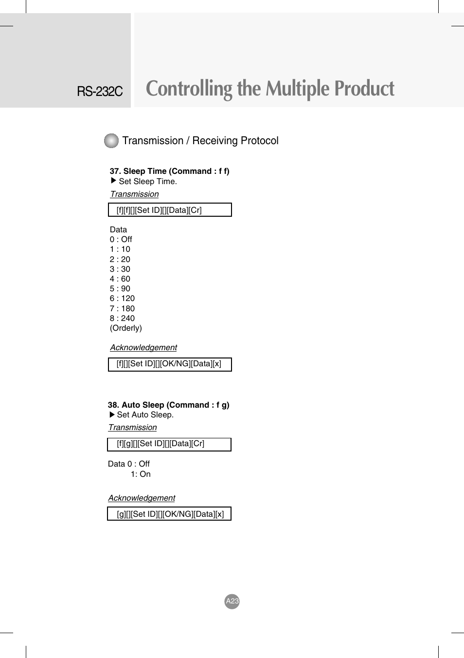 Controlling the multiple product, Rs-232c, Transmission / receiving protocol | LG M4714C-BAG User Manual | Page 61 / 66