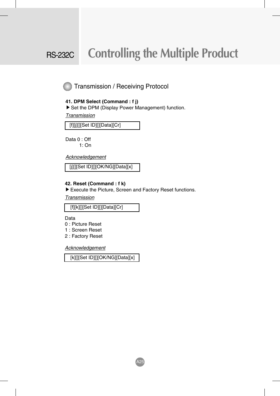 Controlling the multiple product, Rs-232c, Transmission / receiving protocol | LG M4714C-BAG User Manual | Page 63 / 66