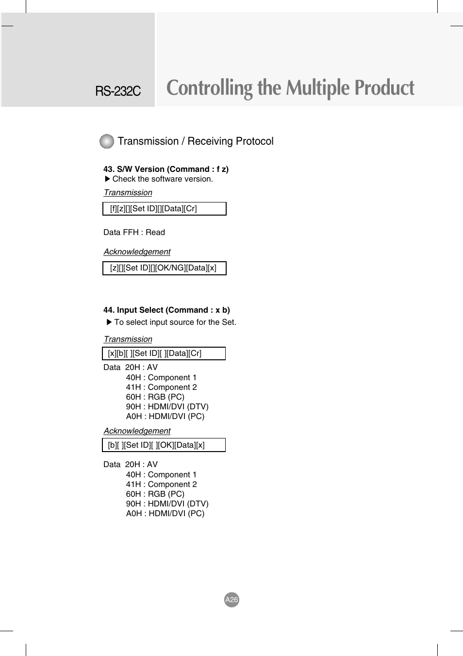 Controlling the multiple product, Rs-232c, Transmission / receiving protocol | LG M4714C-BAG User Manual | Page 64 / 66