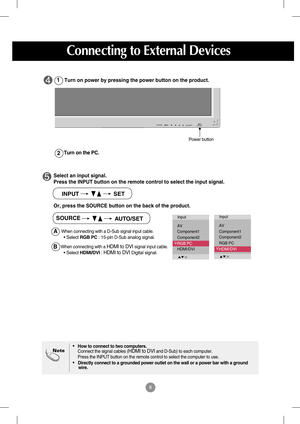 Connecting to external devices | LG M4714C-BAG User Manual | Page 9 / 66