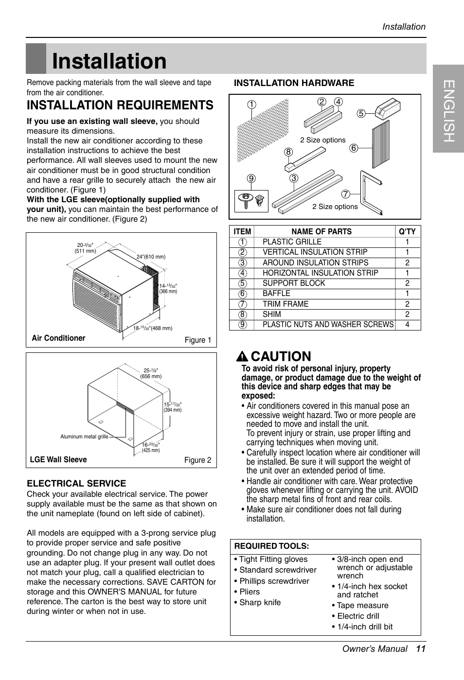 Installation, English, Installation requirements | LG LT1234CNR User Manual | Page 11 / 48