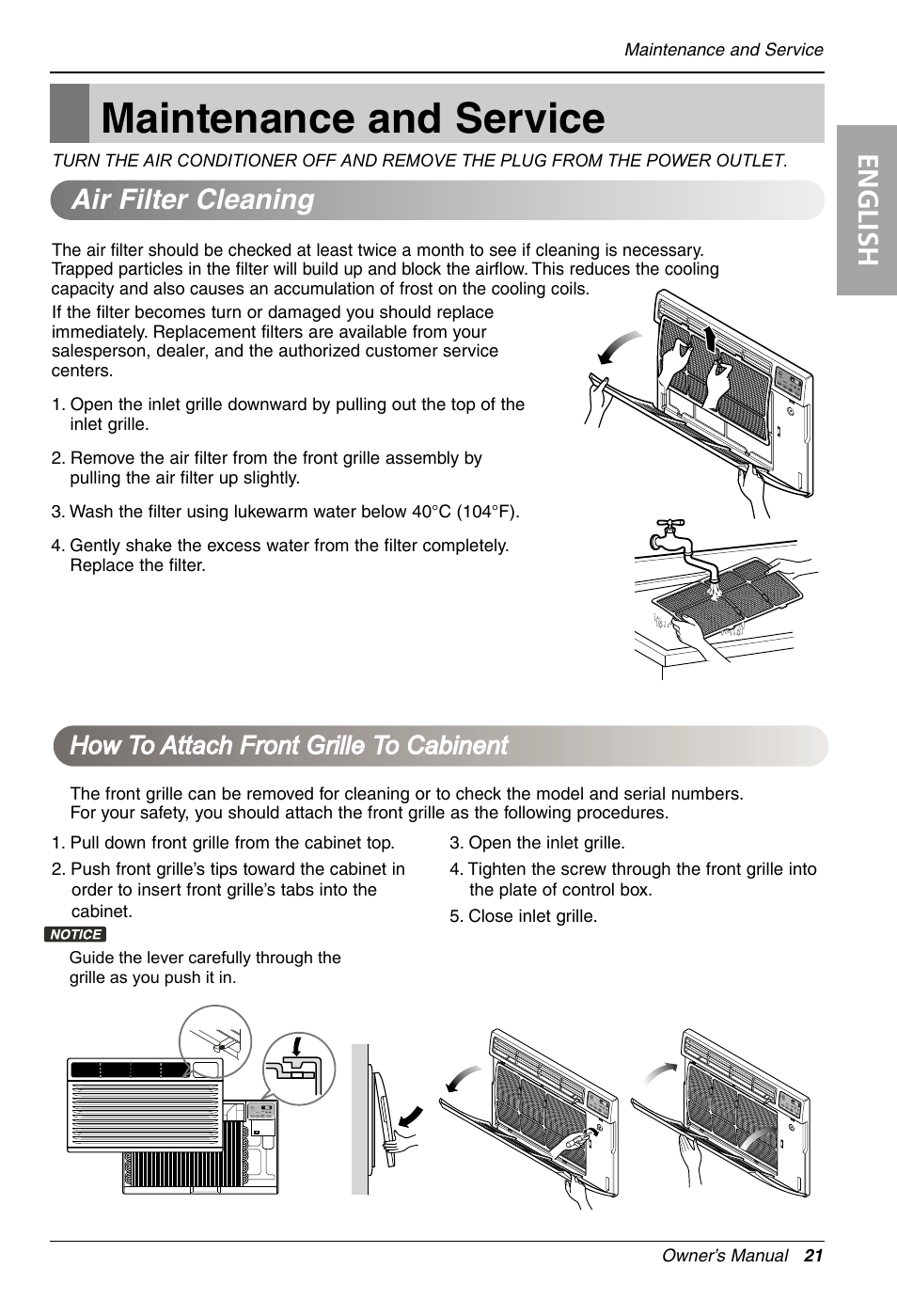 Maintenance and service, English, Air filter cleaning | How to attach front grille to cabinent | LG LT1234CNR User Manual | Page 21 / 48