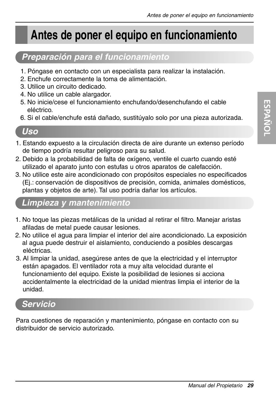 Antes de poner el equipo en funcionamiento, Esp añol | LG LT1234CNR User Manual | Page 29 / 48