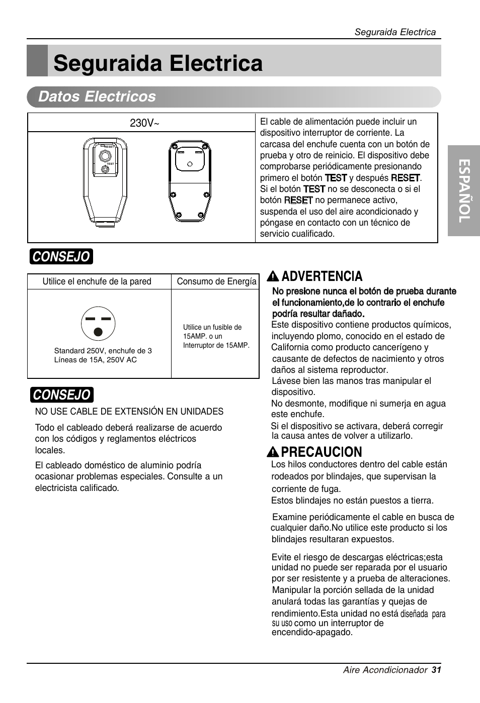 Seguraida electrica, Datos electricos, Esp añol | Consejo | LG LT1234CNR User Manual | Page 31 / 48