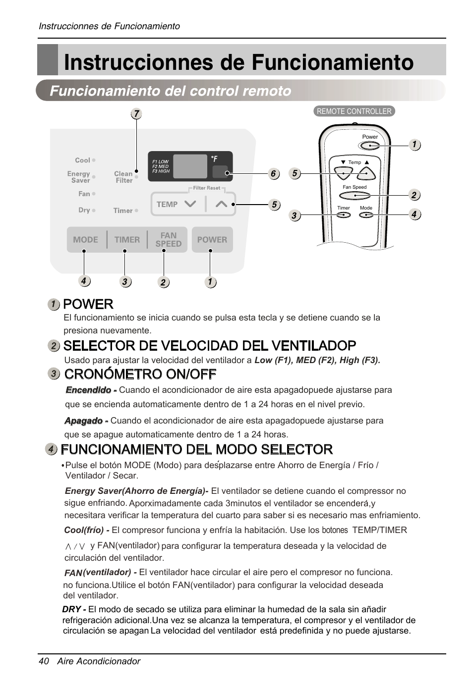 Instruccionnes de funcionamiento, Power, Selector de velocidad del ventiladop | Cronometro on/off, Funcionamiento del modo selector | LG LT1234CNR User Manual | Page 40 / 48