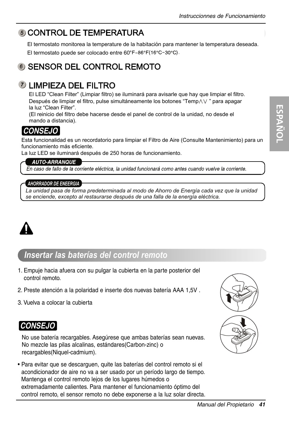 Esp añol, Insertar las baterías del control remoto, Consejo | Control de temperatura, Sensor del control remoto, Limpieza del filtro | LG LT1234CNR User Manual | Page 41 / 48
