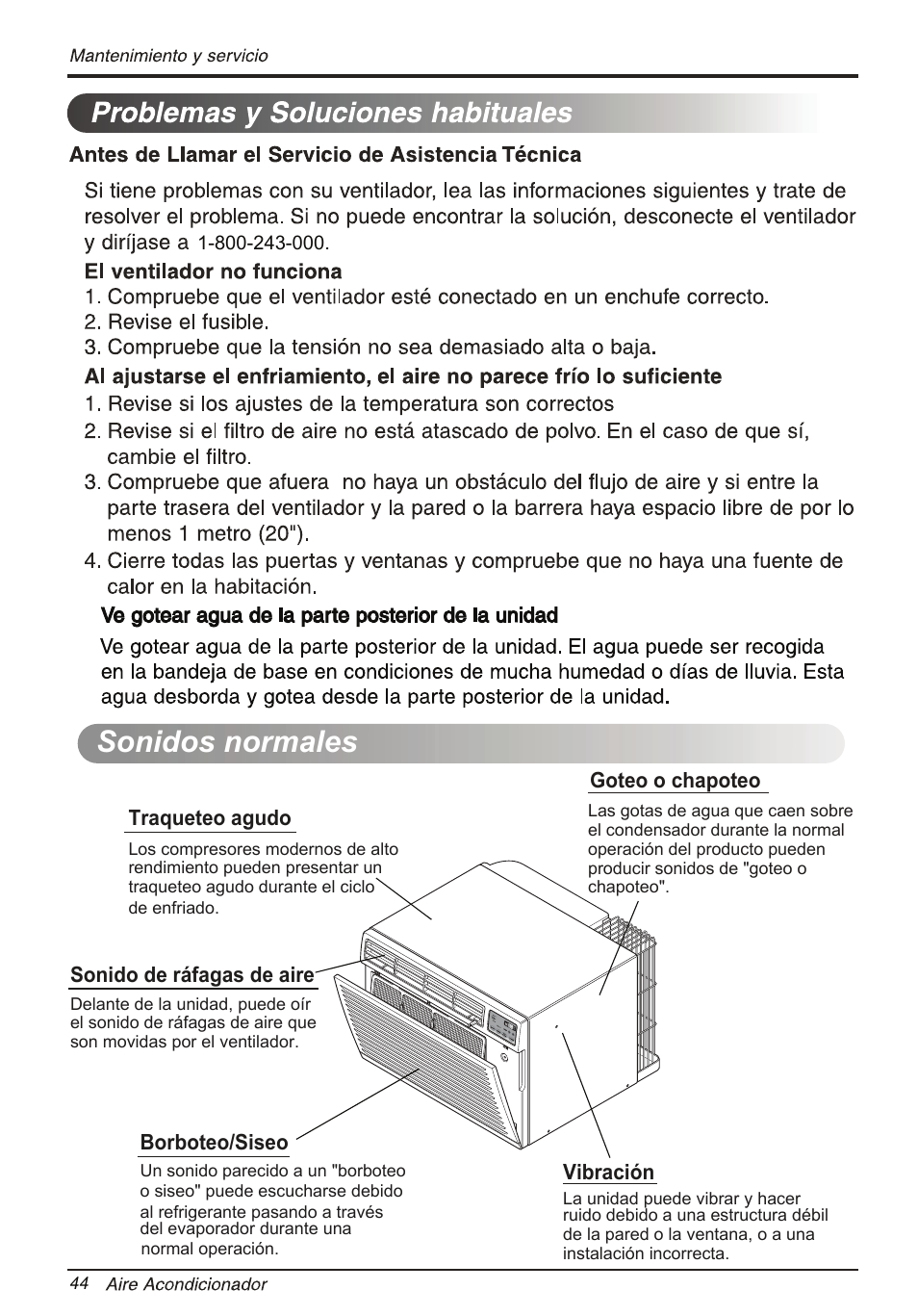 Sonidos normales, Goteo o chapoteo, Vibración | Traqueteo agudo, Sonido de ráfagas de aire, Borboteo/siseo | LG LT1234CNR User Manual | Page 44 / 48
