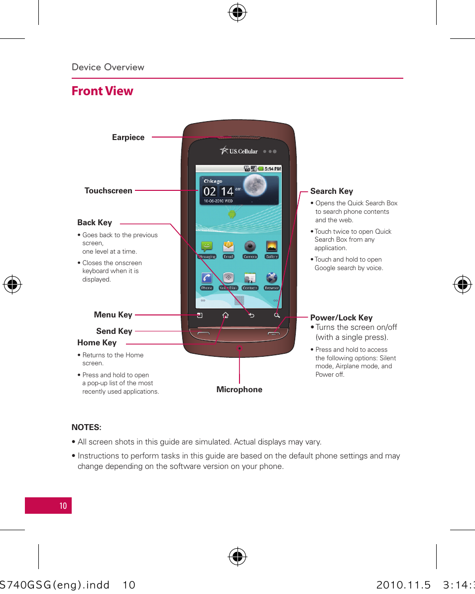 Front view, Device overview | LG LGUS740 User Manual | Page 10 / 82