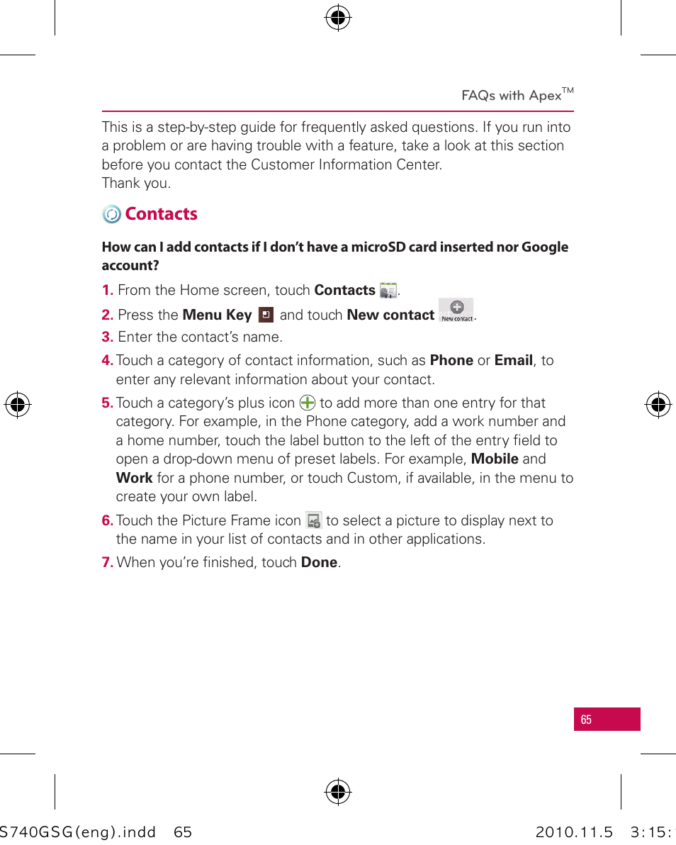 Contacts | LG LGUS740 User Manual | Page 65 / 82