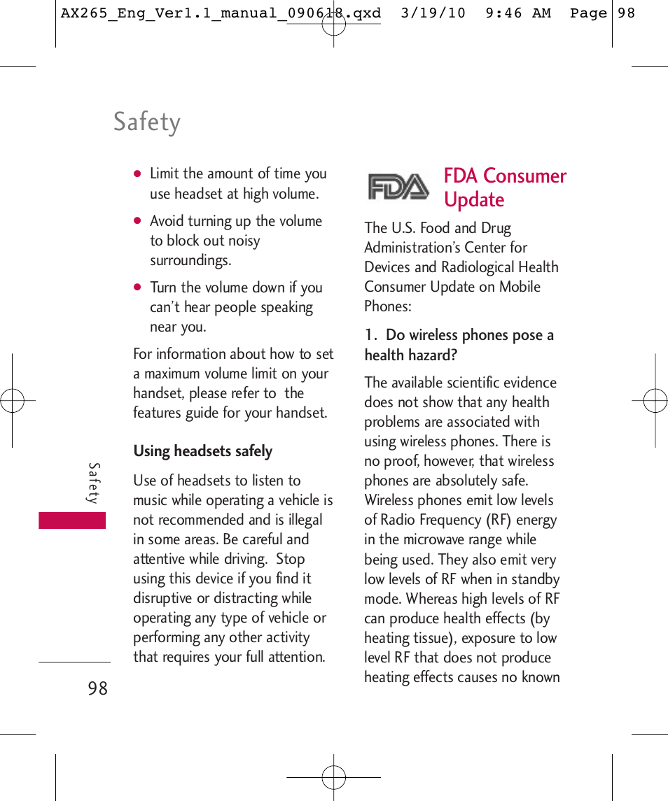 Safety, Fda consumer update | LG LGAX265 User Manual | Page 100 / 269