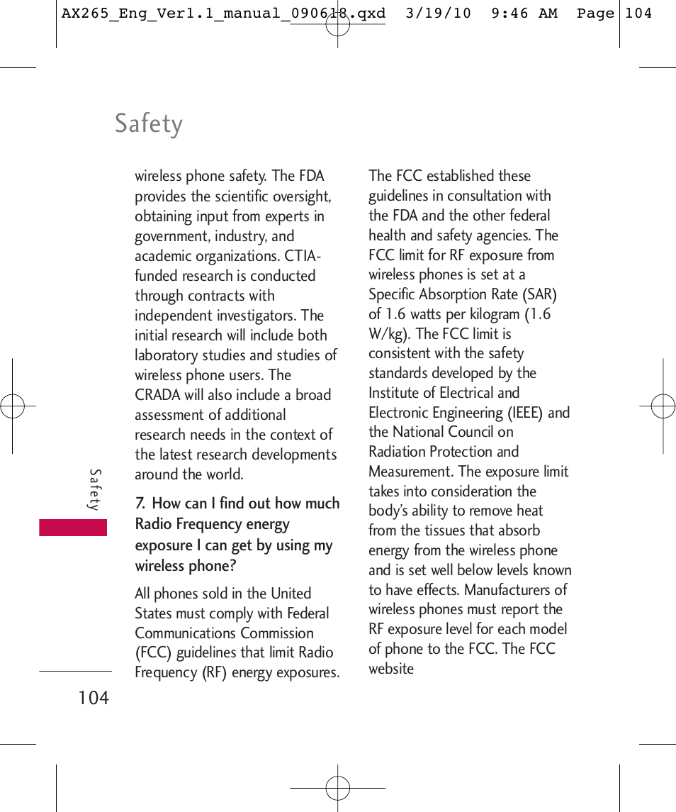 Safety | LG LGAX265 User Manual | Page 106 / 269