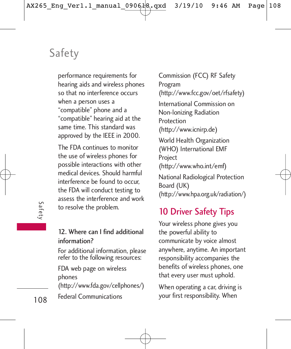 Safety, 10 driver safety tips | LG LGAX265 User Manual | Page 110 / 269