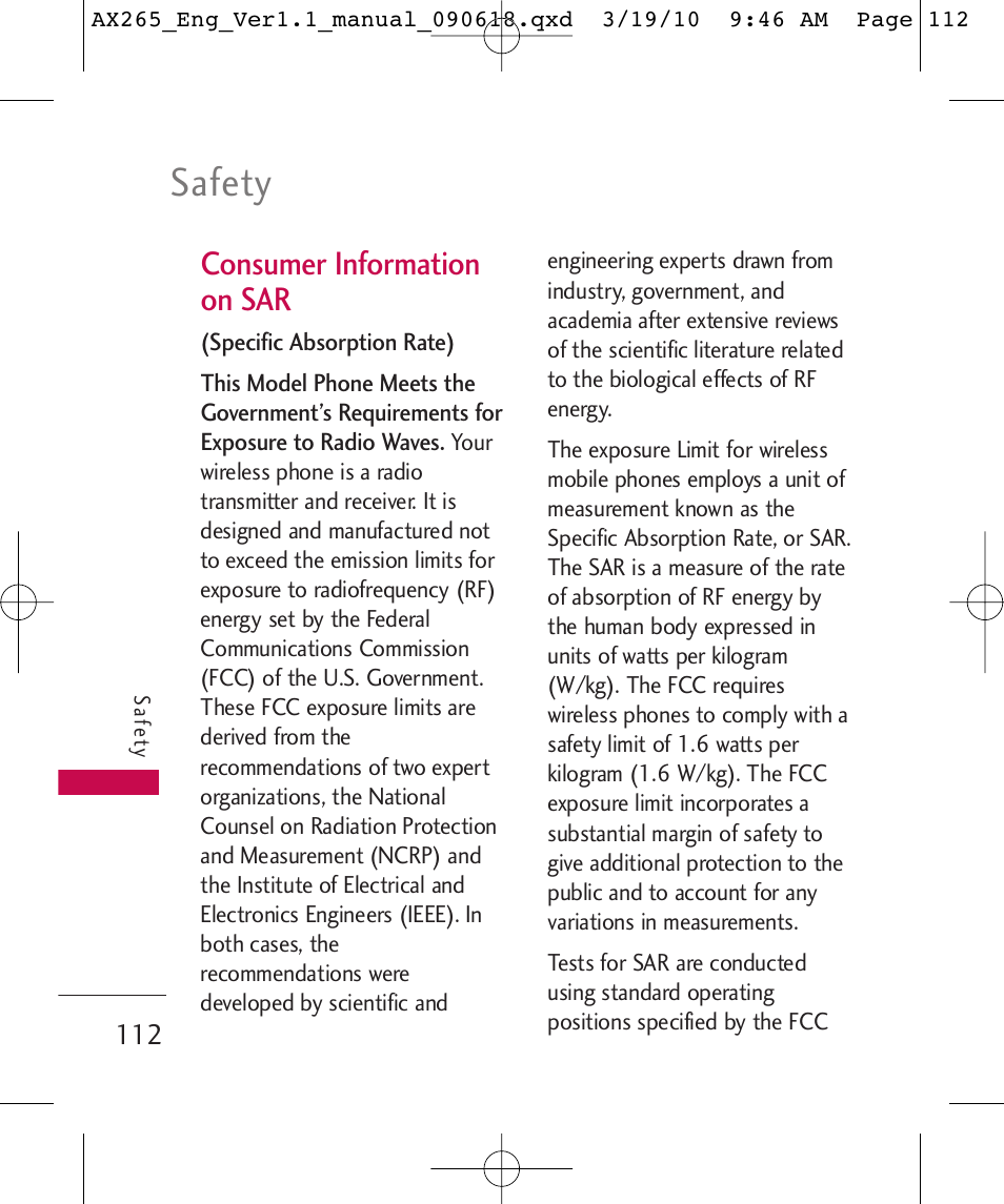 Safety, Consumer information on sar | LG LGAX265 User Manual | Page 114 / 269