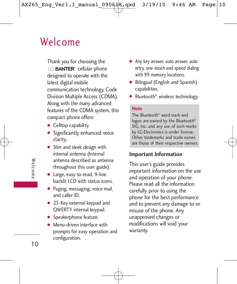 Welcome, Important information | LG LGAX265 User Manual | Page 12 / 269