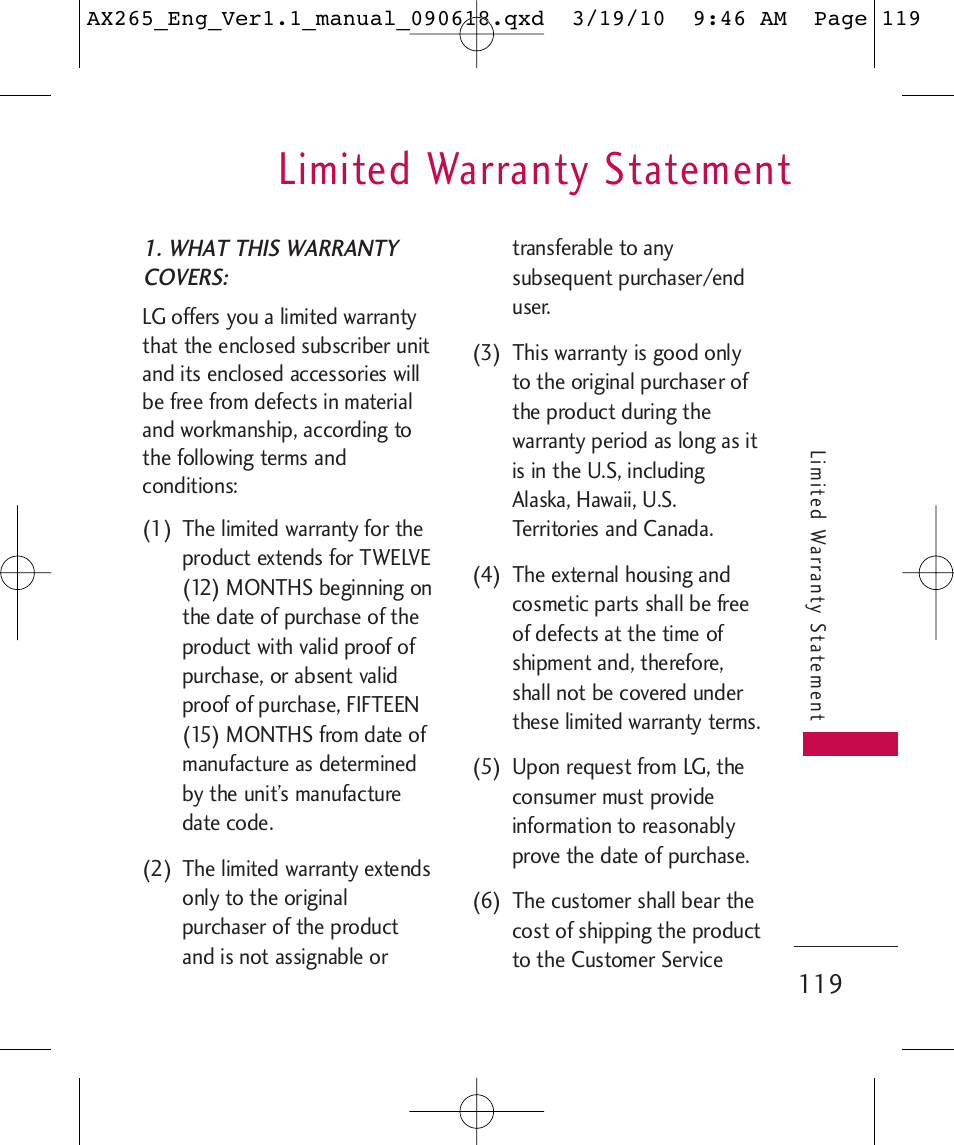 Limited warranty statement | LG LGAX265 User Manual | Page 121 / 269