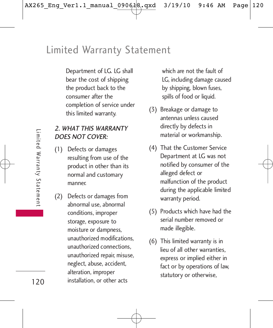 Limited warranty statement | LG LGAX265 User Manual | Page 122 / 269