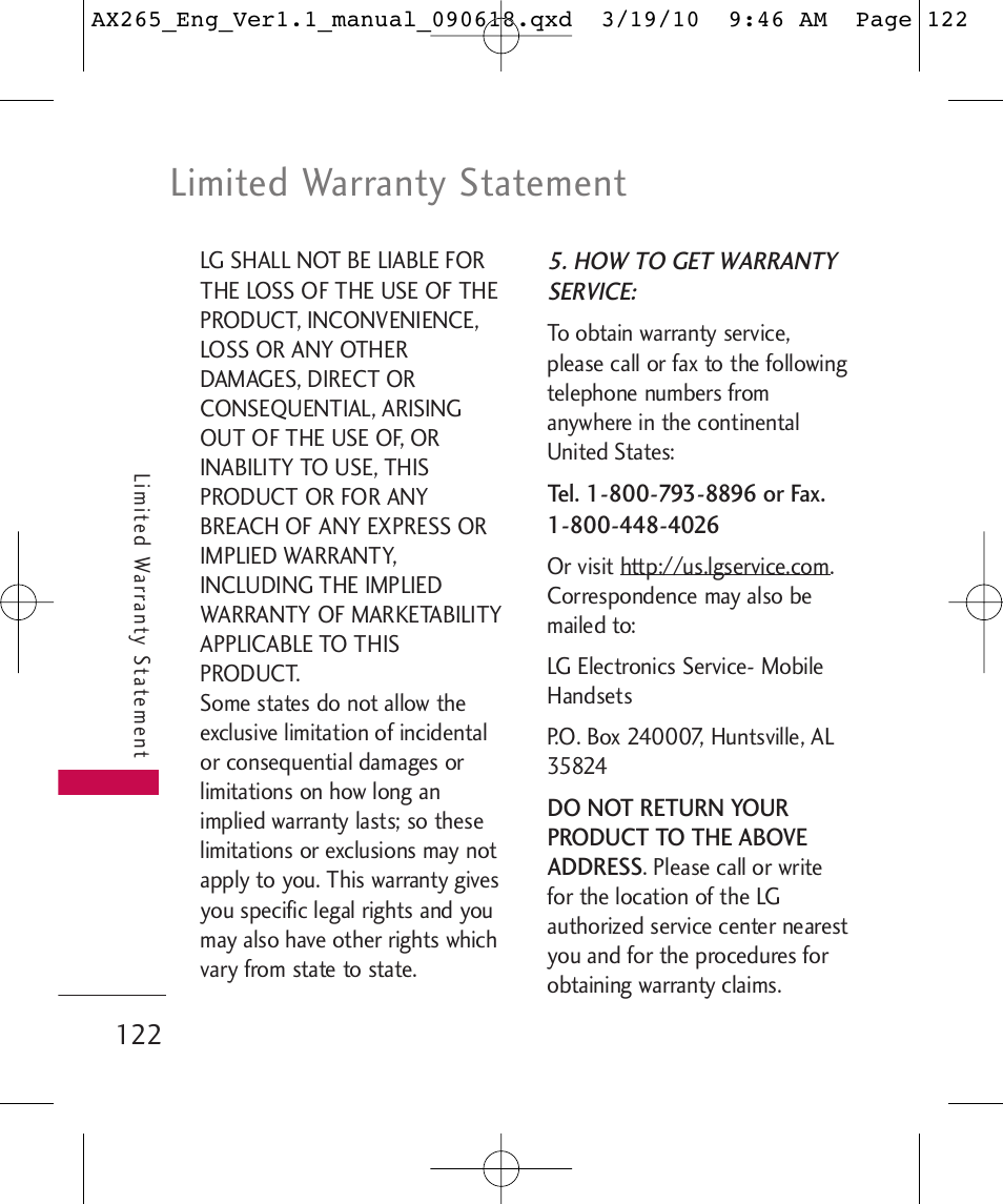 Limited warranty statement | LG LGAX265 User Manual | Page 124 / 269