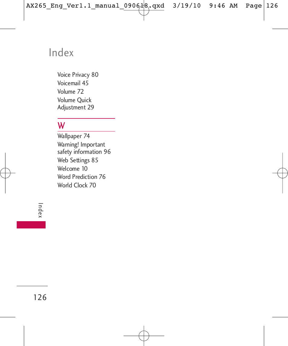 Index | LG LGAX265 User Manual | Page 128 / 269