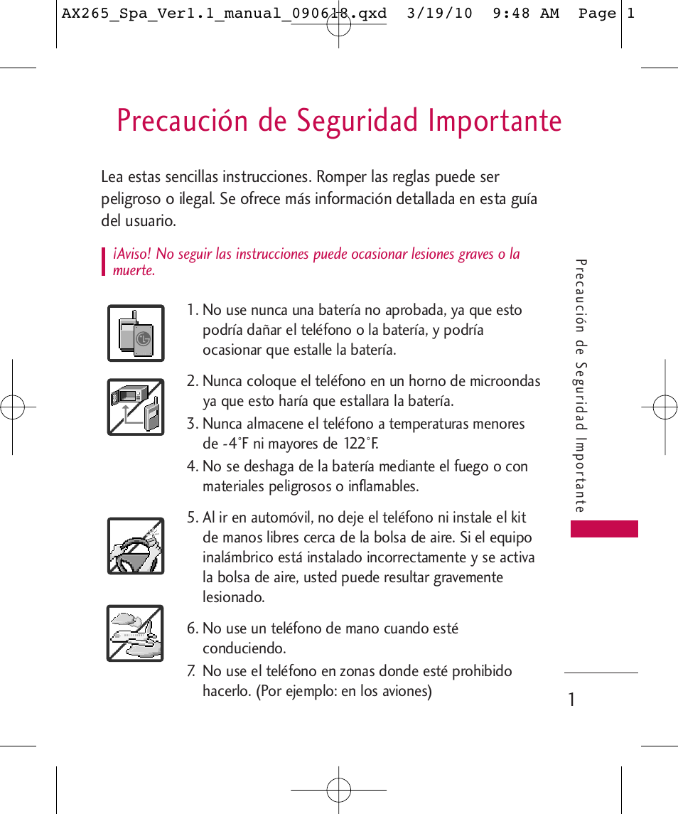 Precaución de seguridad importante | LG LGAX265 User Manual | Page 131 / 269