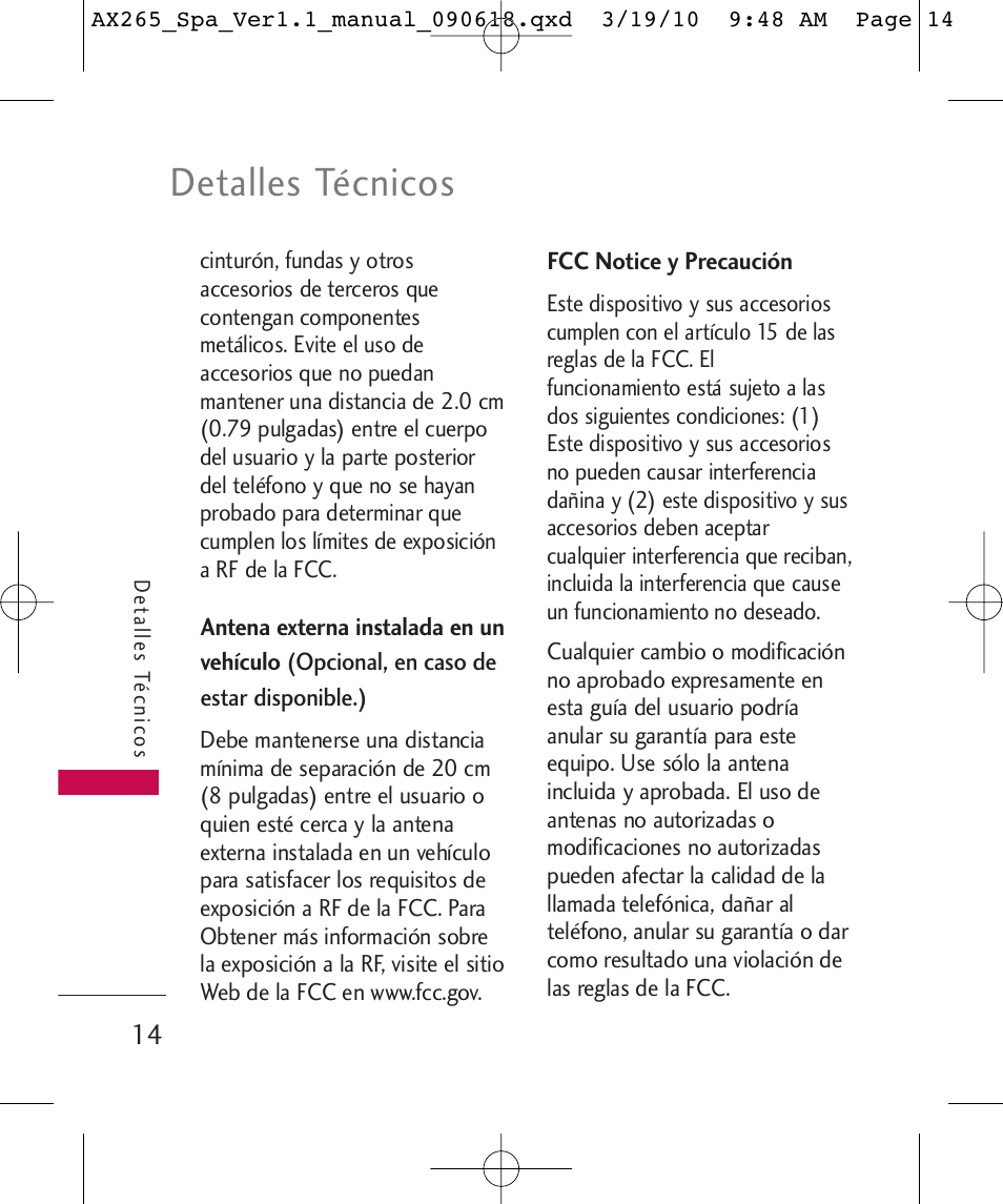 Detalles técnicos | LG LGAX265 User Manual | Page 144 / 269