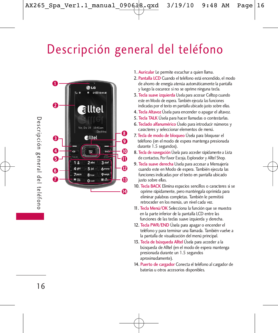 Descripción general del teléfono, De scripción gener al del t e léfono | LG LGAX265 User Manual | Page 146 / 269