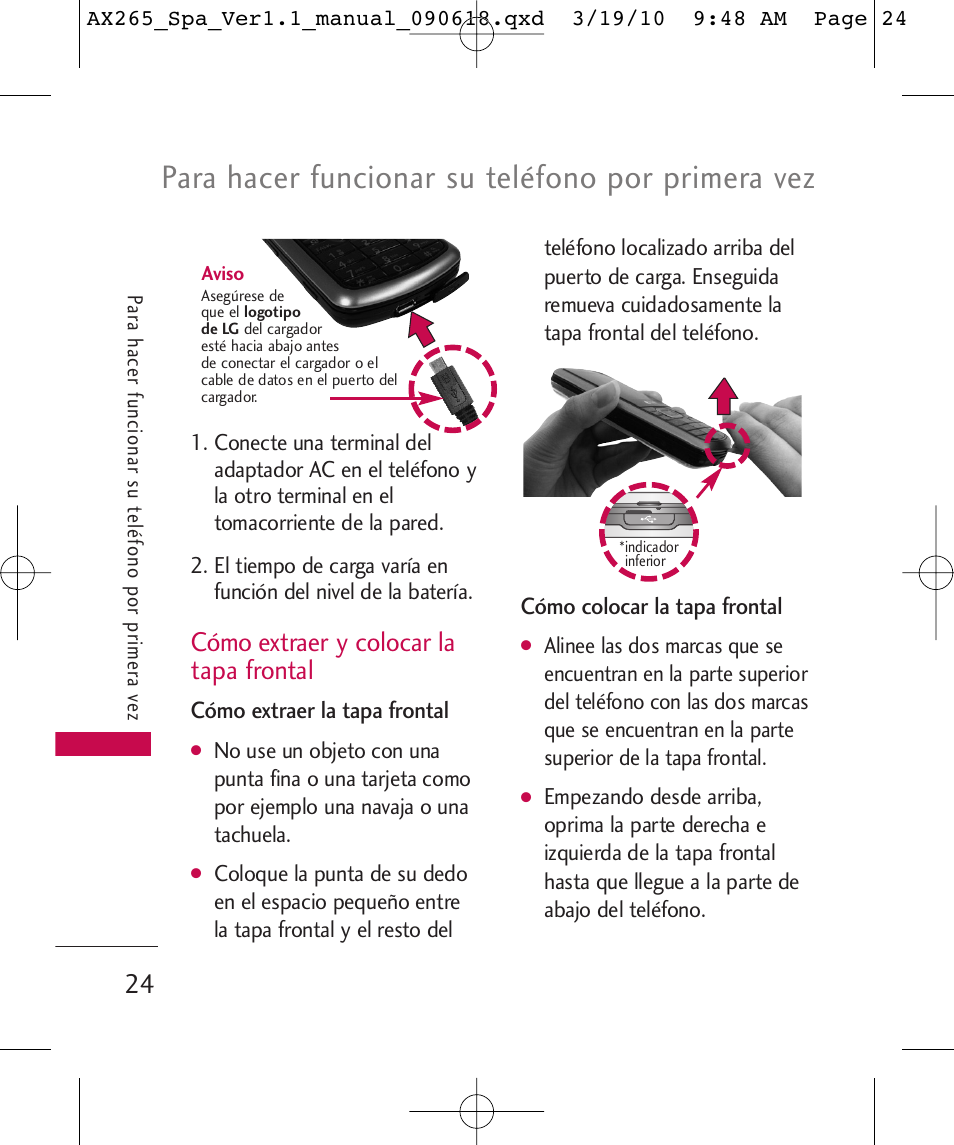 Para hacer funcionar su teléfono por primera vez, Cómo extraer y colocar la tapa frontal | LG LGAX265 User Manual | Page 154 / 269