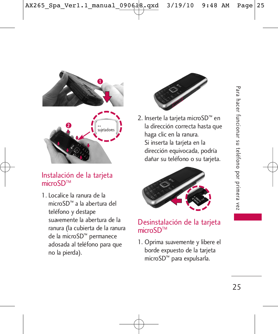 Instalación de la tarjeta microsd, Desinstalación de la tarjeta microsd | LG LGAX265 User Manual | Page 155 / 269