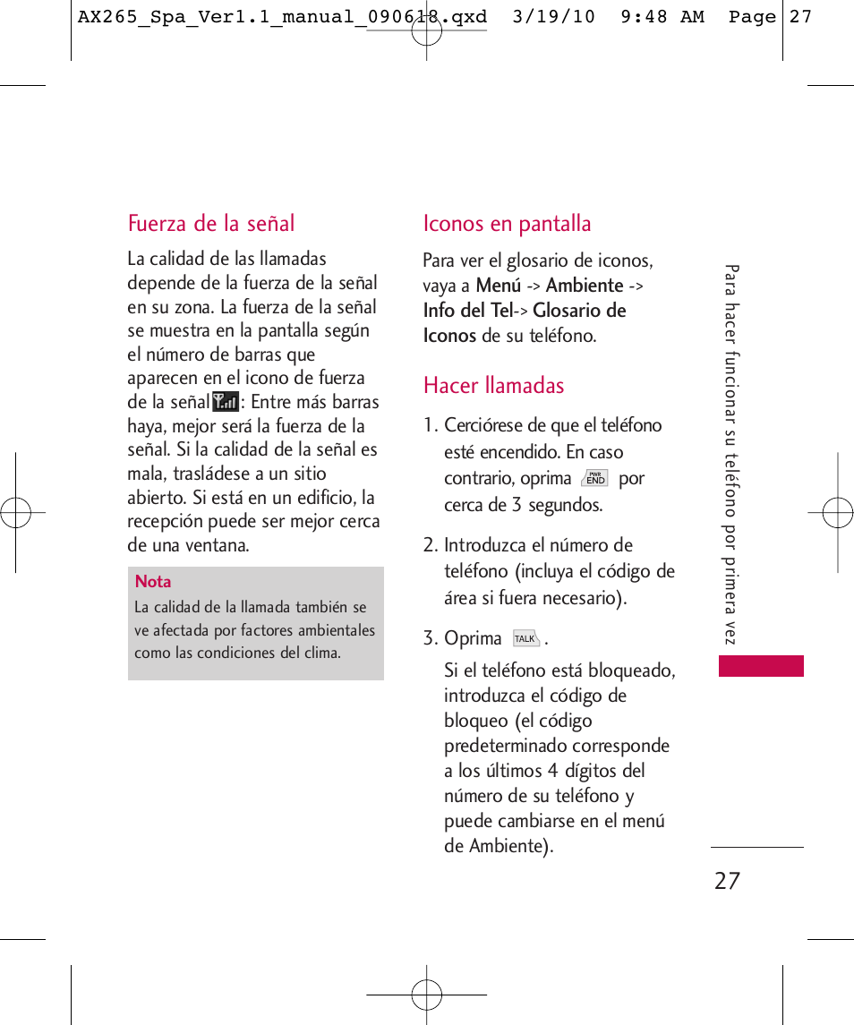 Fuerza de la señal, Iconos en pantalla, Hacer llamadas | LG LGAX265 User Manual | Page 157 / 269